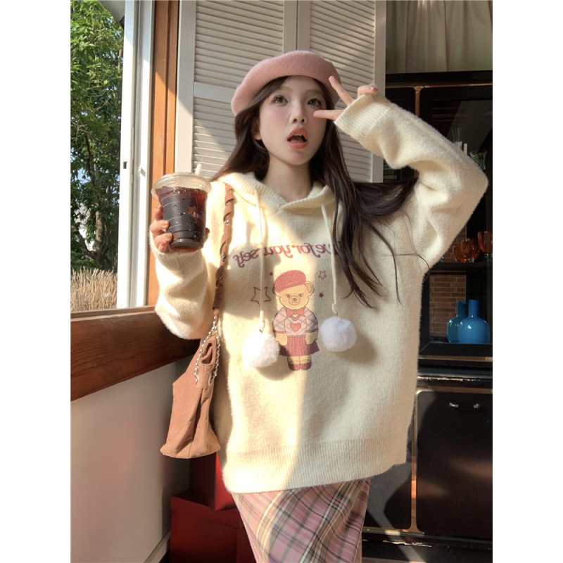 플러스 사이즈 게으른 대학 스타일 모피 볼 후드 스웨터 격자 모직 스커트 JK 세트 여성 트렌디