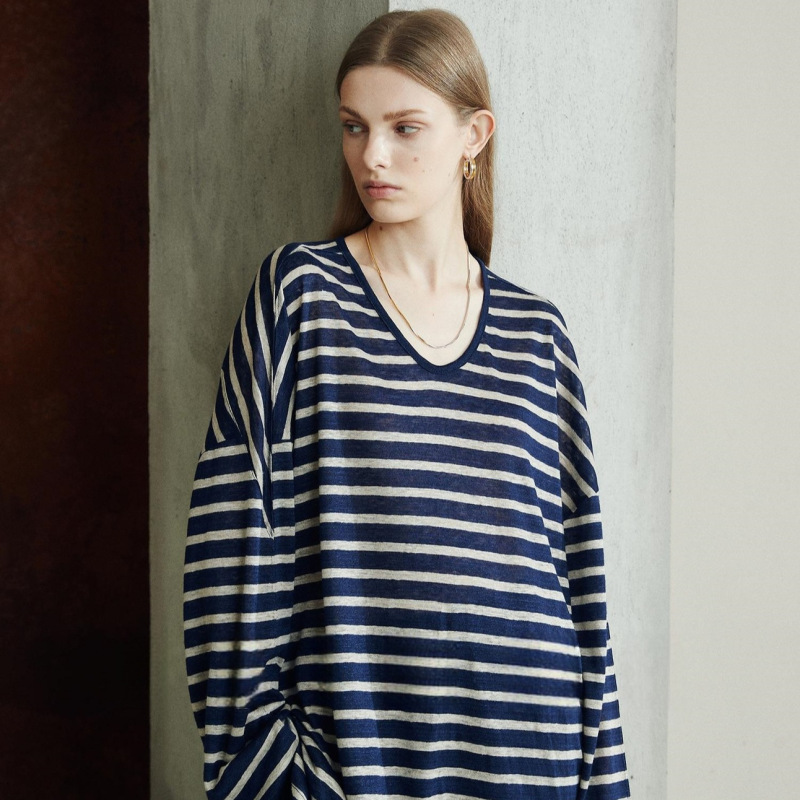 Trendy B-Style Japanese Imported Linen Yarn-Dyed Striped Drop-Shoulder Loose Long-Sleeve Sun-Protective Knit Top for Women