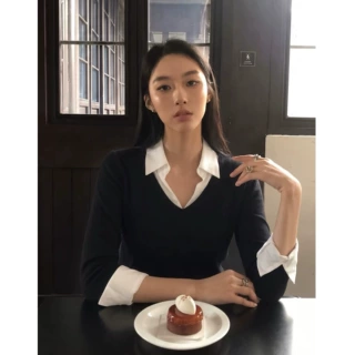 27 ONLINESTORE黑色精致假两件高级针织拼接衬衫女秋气质显瘦上衣
