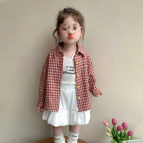 Children's Shirt Spring and Autumn New 2026 Korean Version Trendy Baby Girl Cartoon Print Casual Grid Shirt Jacket