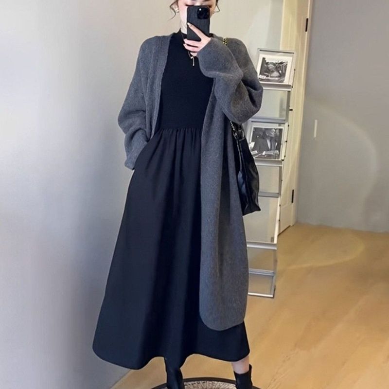 慵懒风软糯开衫长款毛衣外套女秋冬两件套装设计感显瘦针织连衣裙|undefined