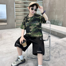 男童夏装套装2025新款中大童绿色时髦工装裤短袖儿童夏款一件代发