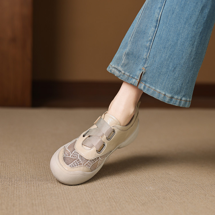 Giày sneaker nữ phối màu da thật lỗ thoáng khí đế bệt buộc dây kết hợp miếng dán — màu trắng ngà chi tiết 63