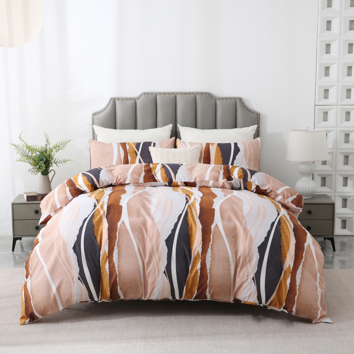 Geometric Stripe Duvet Cover Set – Premium Brushed Polyester, Breathable & Soft, Euro & US Sizes, Modern Nordic Style_voghion.com