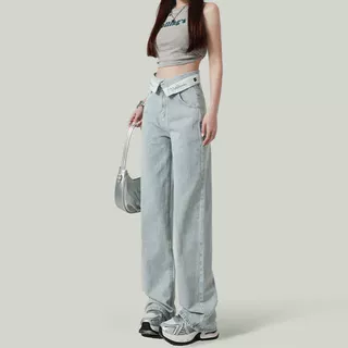 浅蓝色翻腰阔腿牛仔裤辣妹拖地女装2024直筒宽松高街显瘦新款ins