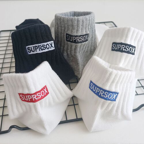 SUPRSOX socks men's solid color embroidered short basketball socks black spring and summer retro sports women's white cotton socks