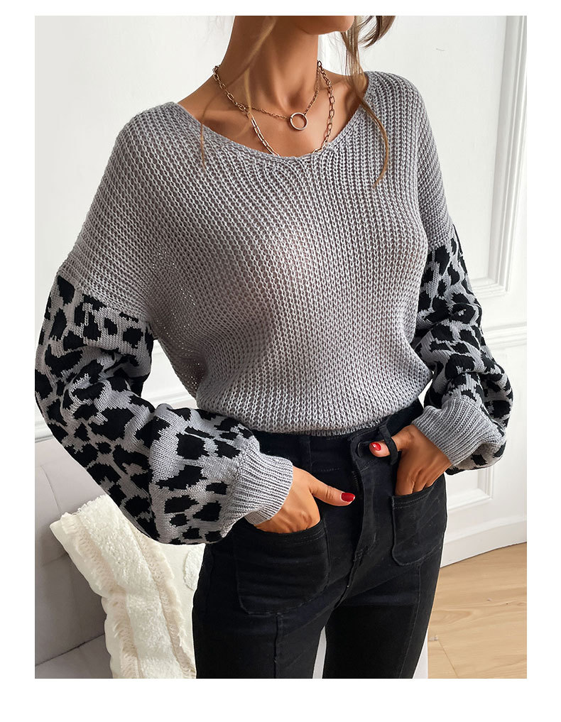 V-neck loose leopard stitching long-sleeved knitted sweater nihaostyles wholesale clothing NSDMB88720