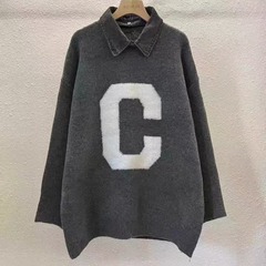 新款牛仔领外贸复古假两件可拆卸领宽松秋冬套头针织衫宽松毛衣女