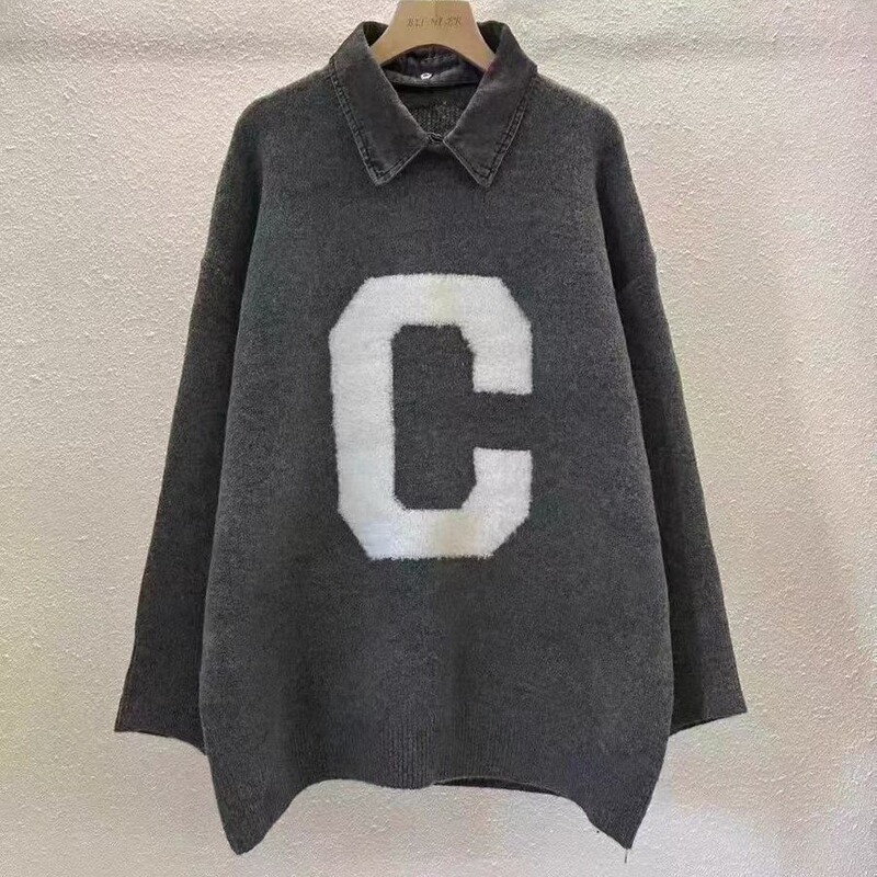 New Denim Collar Foreign Trade Retro Fake Two-Piece Detachable Collar Loose Autumn and Winter Pullover Knitwear Loose Knitwear for Women