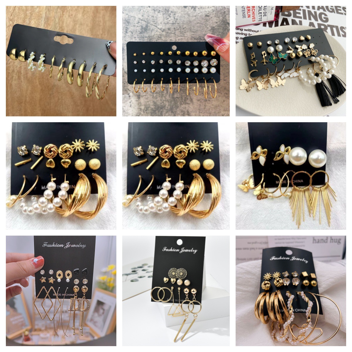 Cross-Border Hot Selling Retro Gold Geometric Women's Earrings Set Fashionable Pearl Round Earrings Earrings Jewelry