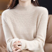 100羊毛衫女半高领显瘦毛衣无缝羊绒针织打底衫秋冬镂空宽松上衣