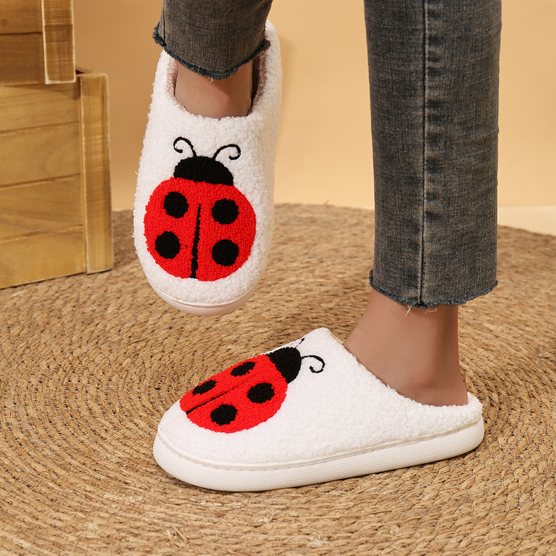 2024 Cross-border New Embroidered Ladybug Home Slippers Autumn and Winter Unisex Memory Sponge Warm Slippers for Men and Women