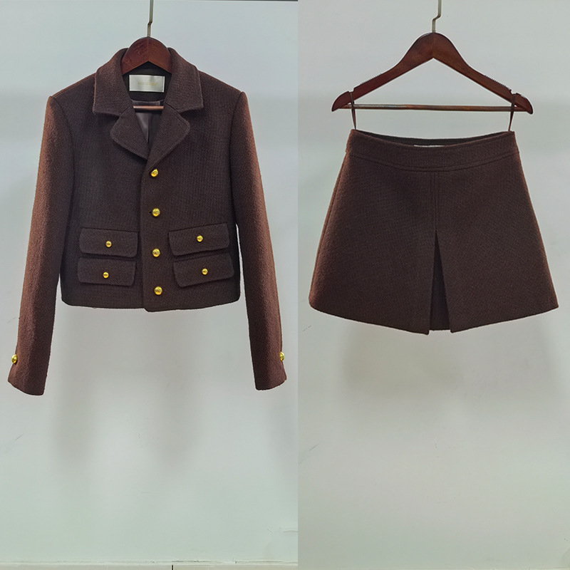 2025 New Autumn and Winter French Elegant Ladylike Style Jacket Short Suit Collar Coffee Color Tweed Top for Women
