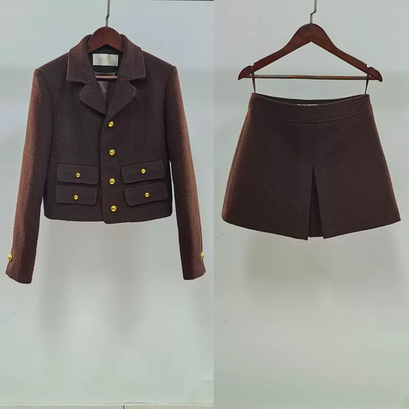 2025秋冬新款法式优雅名媛小香风外套短款西装领咖色粗花呢上衣女