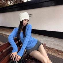 (2개) 블루 트위스트 V-NECK 긴팔 니트 스웨터 여성용 가을 및 겨울 기본 슬림형 내부 스웨터 슬리밍베이스 셔츠 탑