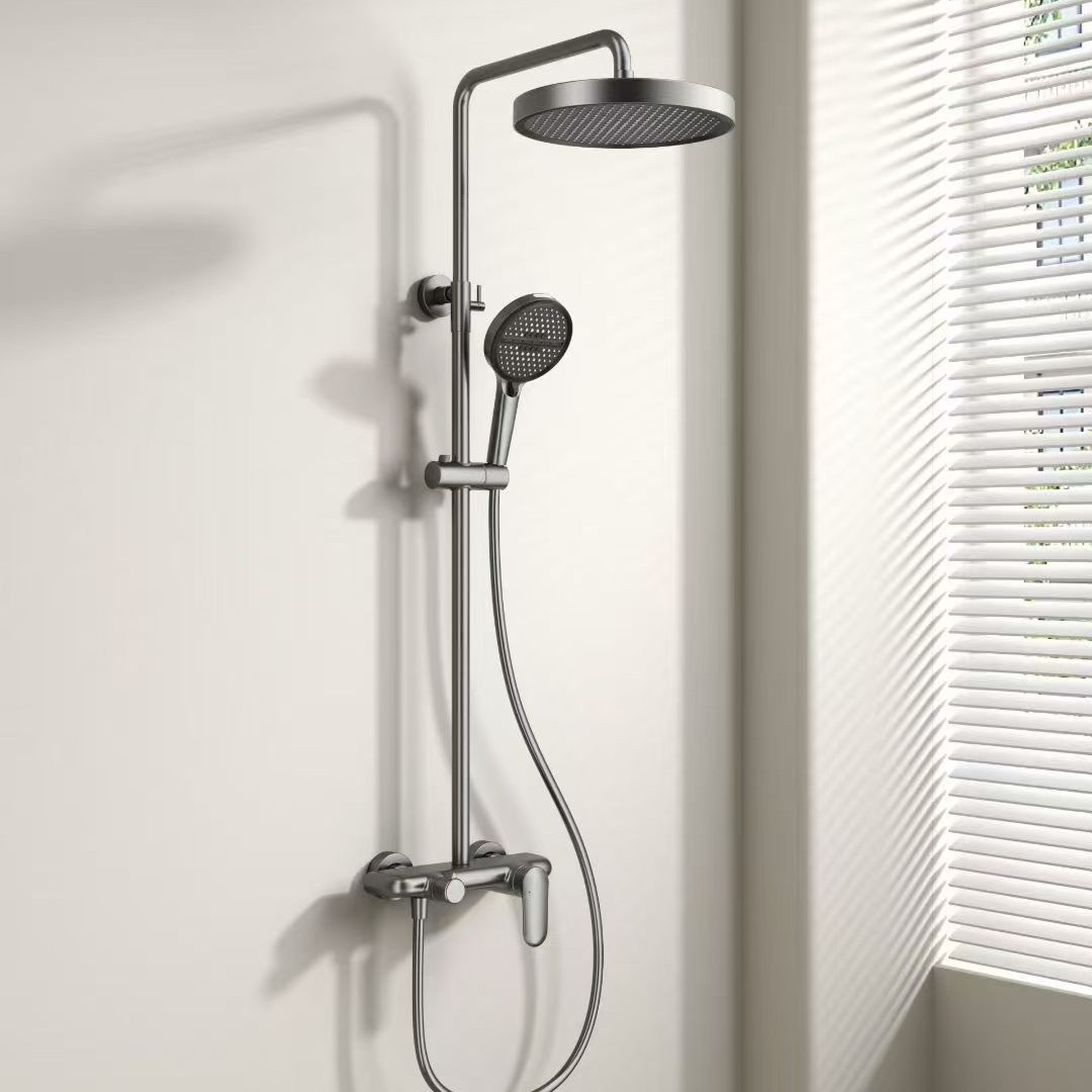 Juego de ducha de cobre con agua fría y caliente, presurizado, instalación oculta, color blanco crema y gris metalizado, minimalista, para baño de hotel y apartamento.