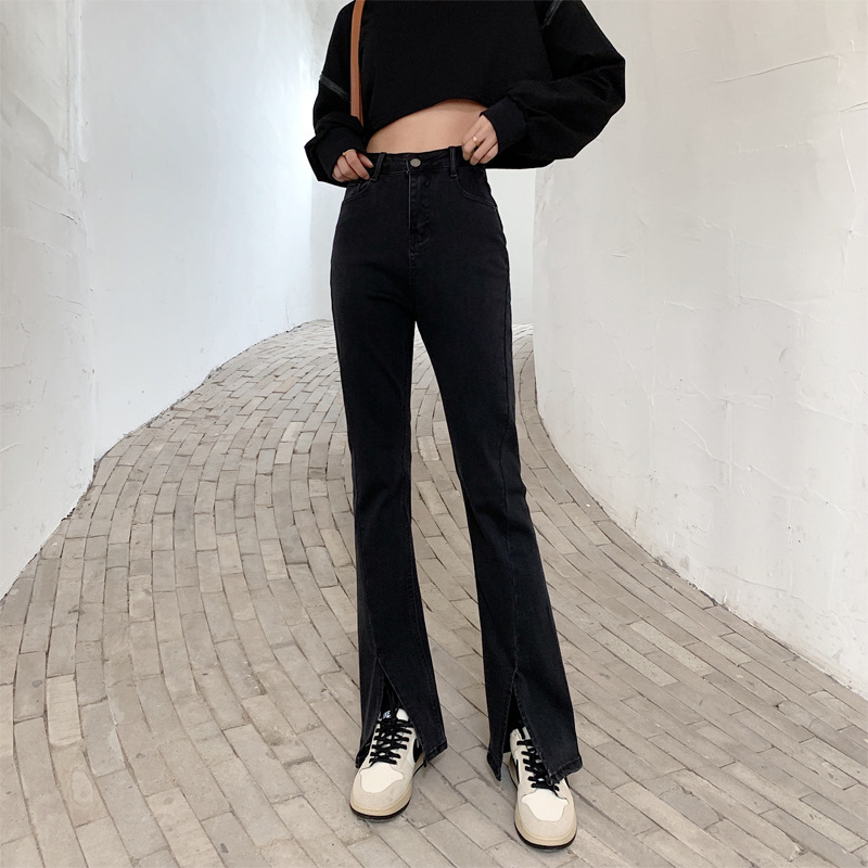 High waist black micro-pull split jeans women's straight slimming autumn and winter wide leg plus size chubby girl split flared pants High waist black micro-pull split jeans women's straight slimming autumn and winter wide leg plus size chubby girl split flared pants