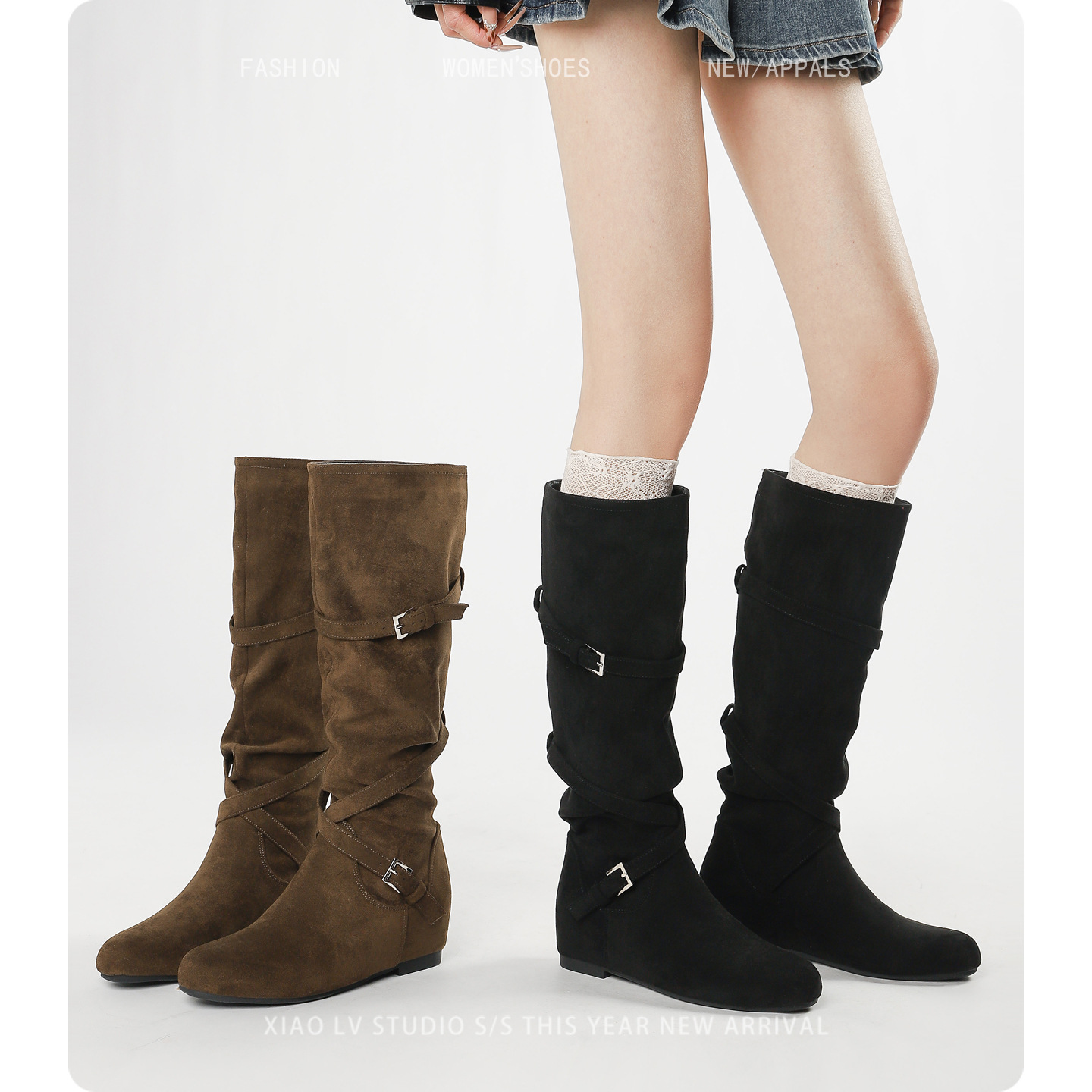 Plus-Size Women's Long Boots for Autumn and Winter, High-Tube Slouch Boots, Knee-High Riding Boots, Thick-Leg Long Boots with Internal Height Increase, Large-Size Boots
