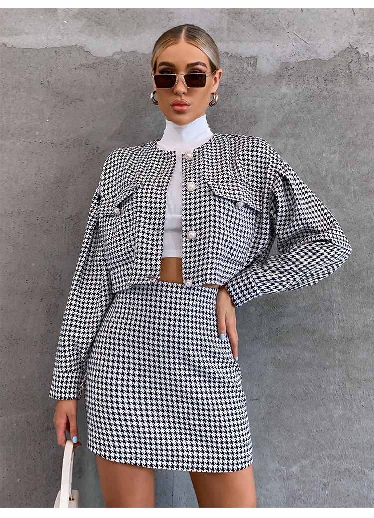 Single Breasted Houndstooth Long Sleeve High Waist Top & Short Skirt 2 Piece NSLIH113675