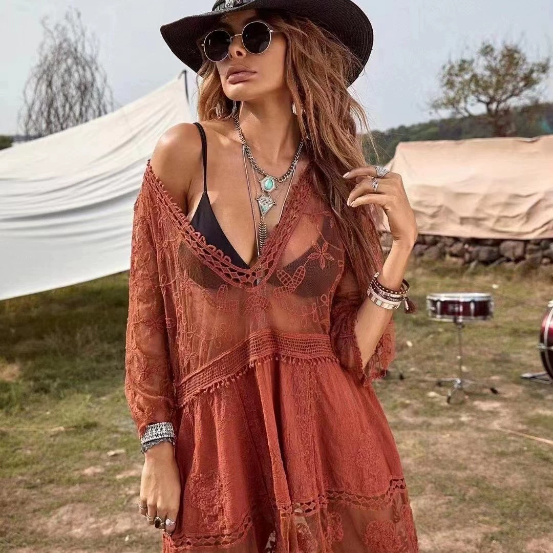 Кружевной купальник, сексуальная одежда для защиты от солнца, европейский стиль, бохо, V‑образный вырез