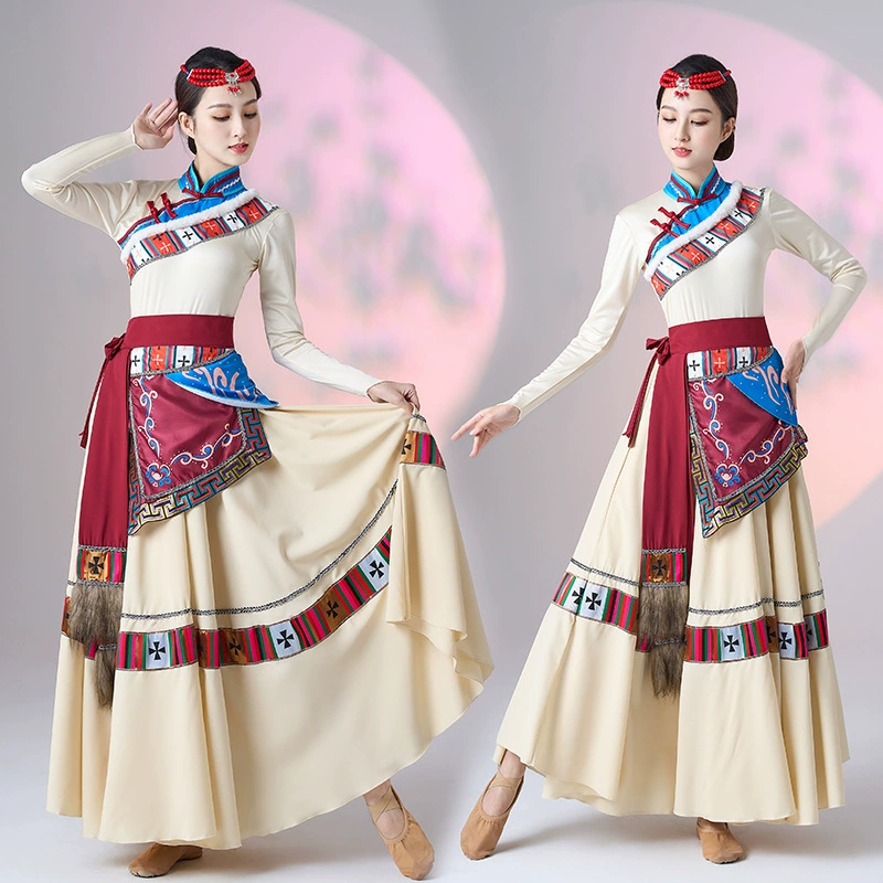Костюм для тибетского танца Женский художественный тест Юбка для тибетской практики Квадратная танцевальная юбка с большими качелями Юбка Этническая танцевальная одежда