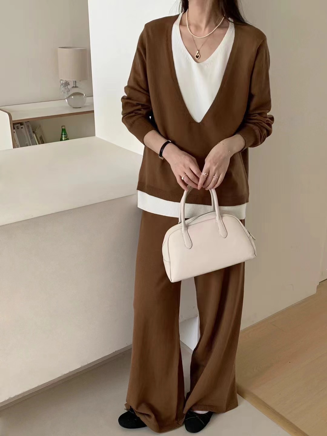 Damen Strick Anzug V-ausschnitt Pullover Und Weite Hose_voghion.com