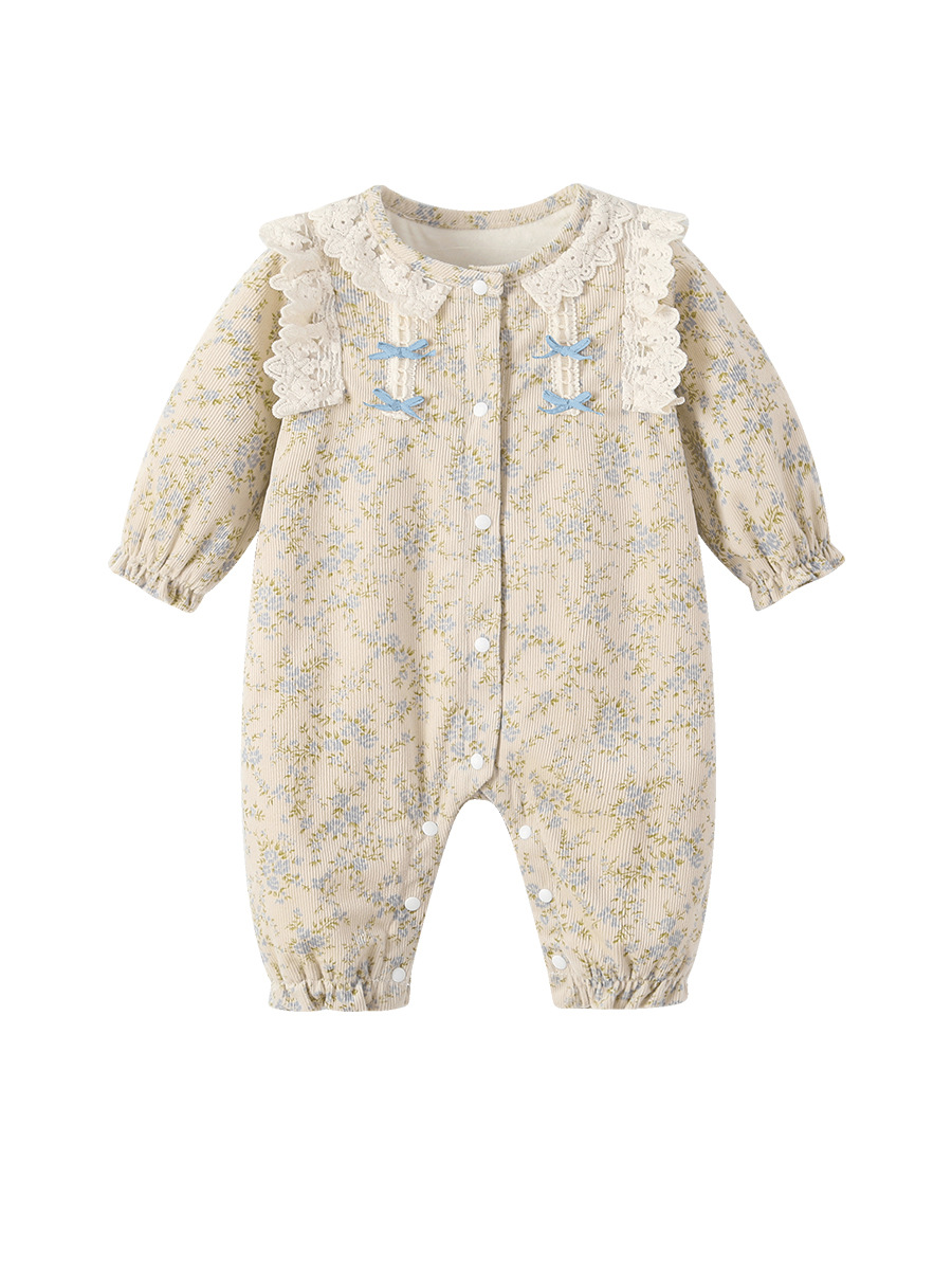 Ropa para otoño e invierno 2026, pelele de bebé estilo pastoral, mono de gateo para niña con forro polar floral Clase A, manga larga, estilo INS.
