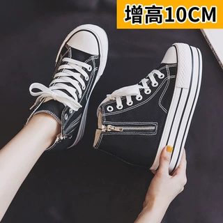 内增高帆布鞋女鞋2025春秋季双侧拉链厚底松糕鞋10810cm增高现货