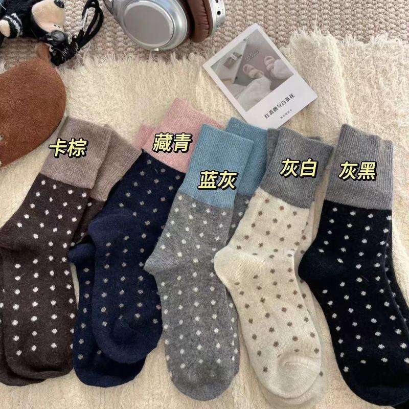 秋季款日系复古拼色撞色螺口波点袜子舒适高级感圆点堆堆中筒袜女|undefined