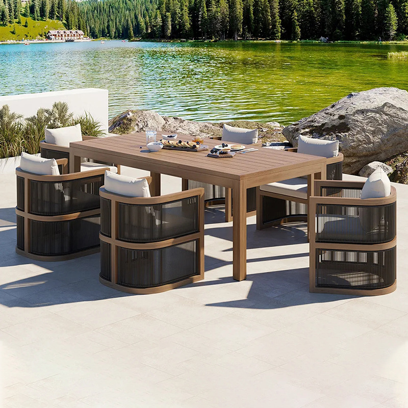 Mesas y sillas de exterior tejidas con cuerda, balcón moderno para ocio, muebles de patio de alta gama, conjunto de aleación de aluminio resistente al agua y al sol.