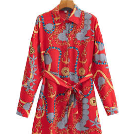 2023春外贸跨境批发欧美女装衬衫领系腰带连衣裙  1726