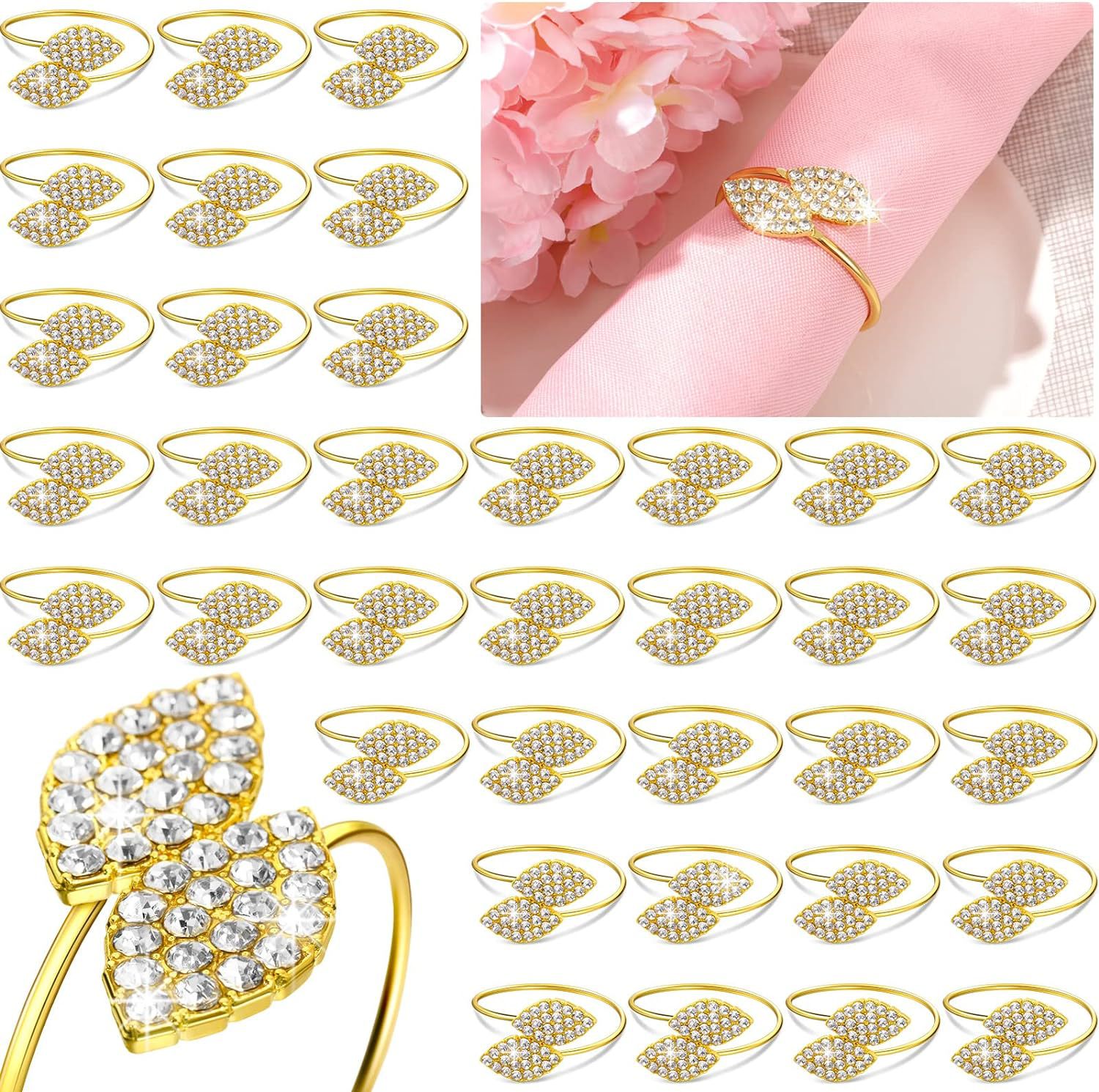 Cross-border golden two-leaf diamond napkin ring point drill high-grade metal dining table napkin buckle mouth ring