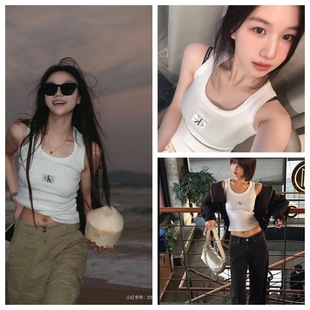 [jennie杨幂同款24春夏新款女士简约布标螺纹弹力内搭针织背心吊带]