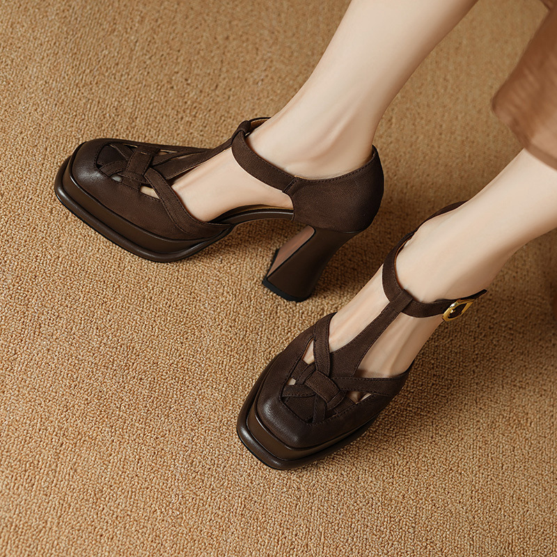 Giày sandal cao gót nữ bít mũi hở gót, quai chữ T, gót 12 cm, đế thô — Màu caramel chi tiết 15