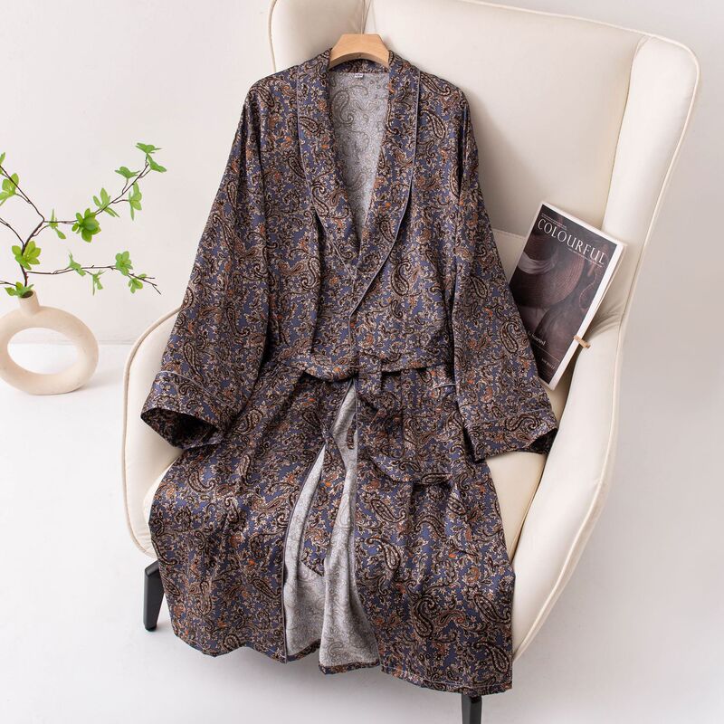 Designer-Style Men's Silk Nightgown, Long Mulberry Silk Pajamas, Spring and Autumn Thin Style, High-End Paisley Pattern Loungewear