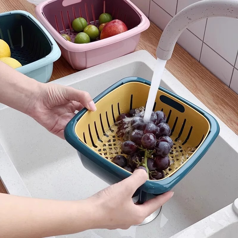 新しい二層野菜洗い桶、プラスチック排水バスケット、米洗い器、野菜青、野菜洗い桶、キッチン果物洗い桶|undefined