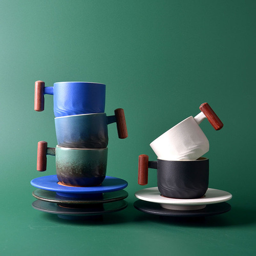 Cross-border Klein Blue Coffee Cup Ceramic Cup and Saucer Japanese Hand-brewed Sand-coated Water Cup Wood Handle Luxury Wholesale