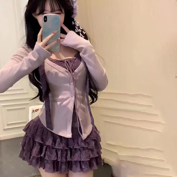 辣妹紫色春夏两件甜辣新款针织设计显瘦开衫半裙半身裙上衣套装女|undefined