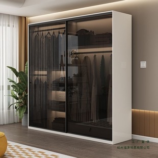 Modern Simple Light Luxury Glass Door Wardrobe Sliding Door Home Bedroom Cloakroom White Cabinet Sliding Door Wardrobe