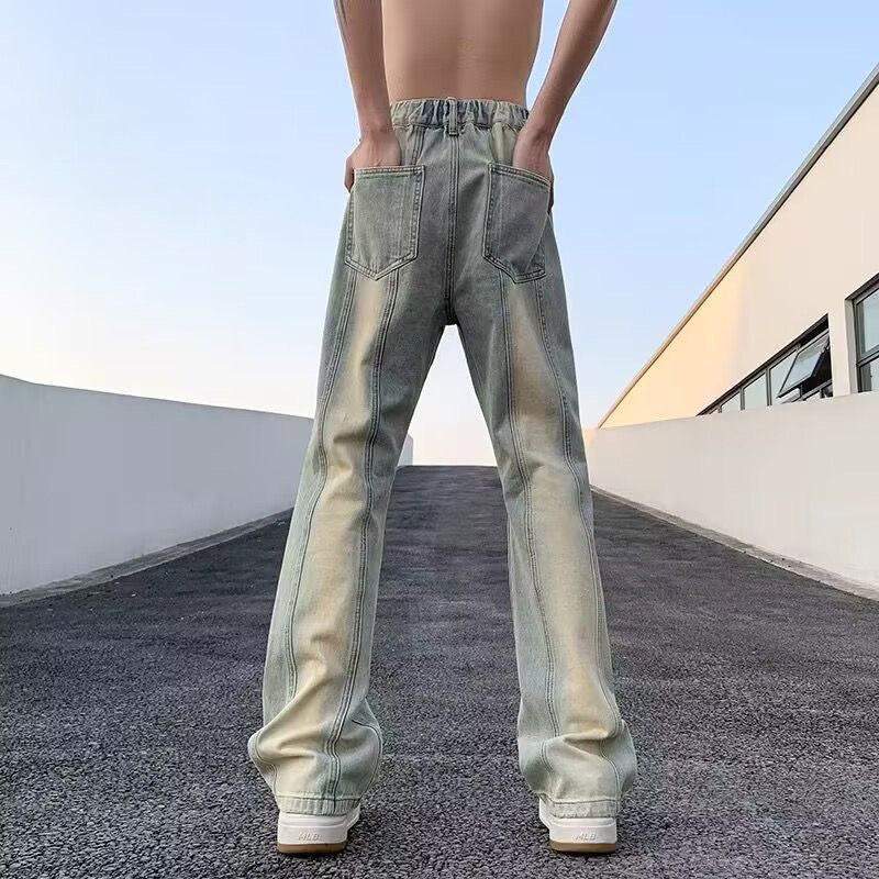 美式vibe风裤子男2025四季高街水洗黄泥染牛仔裤微喇修身小个子男|undefined