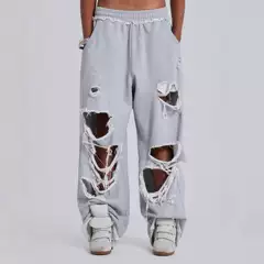 European and American Cross-Border American-Style Trendy Casual Pants Street Hip-Hop Ripped Design Wide-Leg Pants Loose Sweatpants for Women