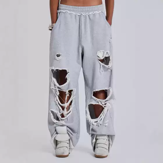 European and American Cross-Border American-Style Trendy Casual Pants Street Hip-Hop Ripped Design Wide-Leg Pants Loose Sweatpants for Women
