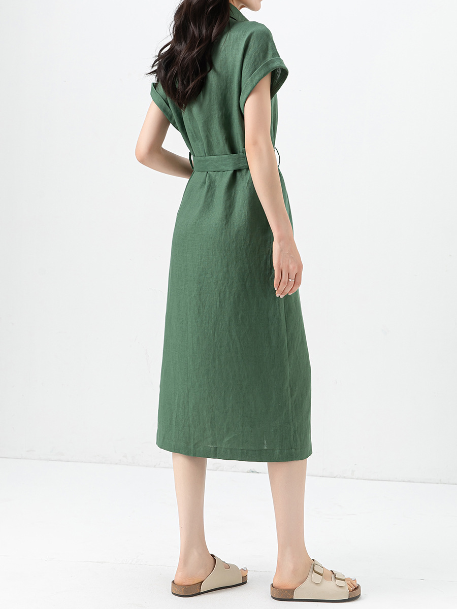 Đầm maxi nữ vải lanh tay uốn cong chiết eo dáng suông mùa hè — Màu đen