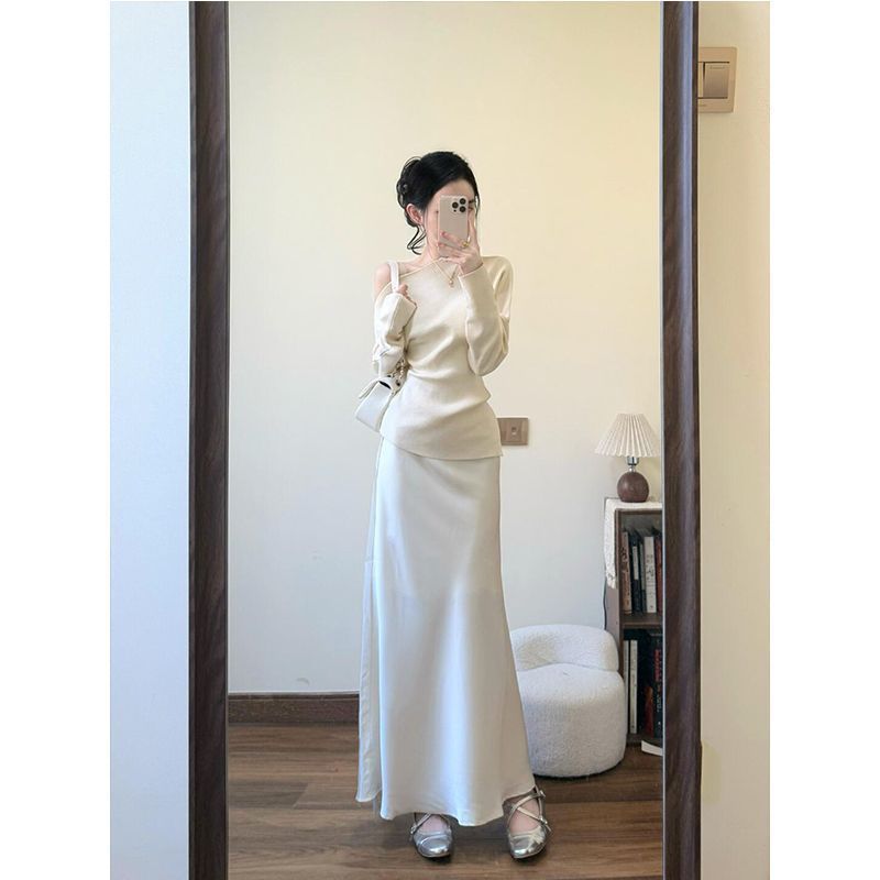 韩系简约不规则露肩t恤套装女春季高腰鱼尾半身裙设计感长袖上衣|undefined