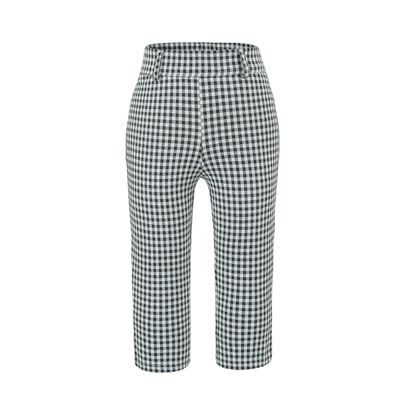 Trendy women's slim-fit black and white plaid capri pants with side slits and a flattering fit Trendy women's slim-fit black and white plaid capri pants with side slits and a flattering fit