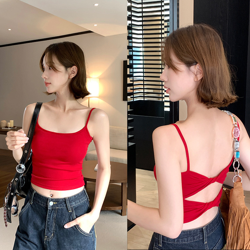 Square Neck Cut Out Double Twist Camisole with Built-In Removable Coaster to Side and Hold Breasts for Work Clothing and Sports