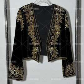 时尚雅妮宫廷风重工金色亮片钉珠短款外套女V领礼服上衣开胸外套