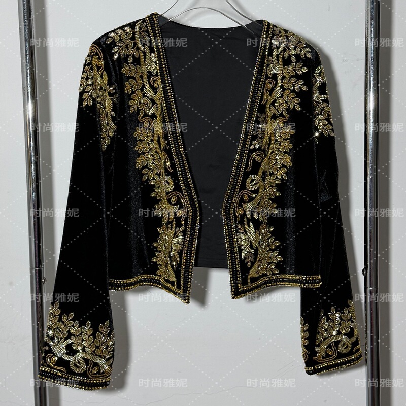Fashionable Yani Court-Style Heavy-Duty Gold Sequin Beaded Short Jacket for Women, V-Neck Gown Top, Open-Front Jacket