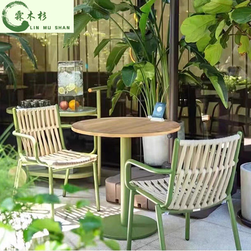 Nordic Outdoor Table and Chair Set for Courtyard Balcony, Trendy Rattan Chair and Coffee Table Combination for Outdoor Milk Tea Shop or Café Seating