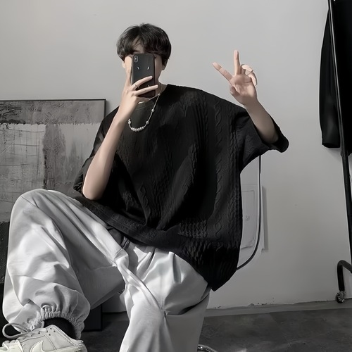 Heavyweight American-style men's T-shirt summer 5/8 sleeve simple niche upper clothing loose casual short-sleeve men's T-shirt trendy brand